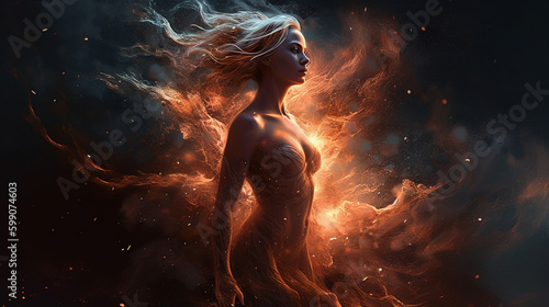 Fantasy portrait of a beautiful woman with long blond hair in the smoke.generative ai