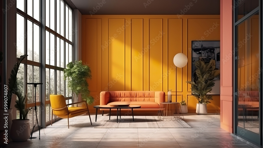 Home interior background, mid-century modern style in loft. Generative Ai Home interior background, mid-century modern style in loft. Generative Ai