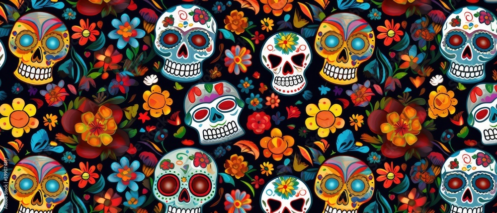 Day of the Dead skulls pattern. Day of the dead and mexican Halloween texture. Mexican tradition festival. Day of the dead sugar skull isolated. Dia de los Muertos tattoo. Generative AI Day of the Dead skulls pattern. Day of the dead and mexican Halloween texture. Mexican tradition festival. Day of the dead sugar skull isolated. Dia de los Muertos tattoo. Generative AI