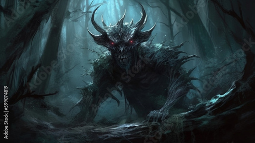 Scary monster with horns in the forest. Halloween concept.generative ai