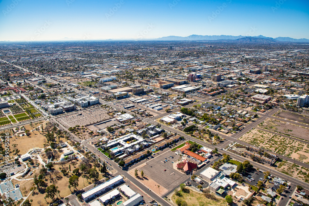 Aerial view from above downtown Mesa, Arizona