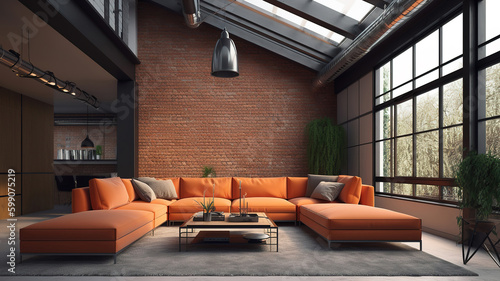 Modern living room loft with orange leather sofa and brick ceiling. Generative Ai