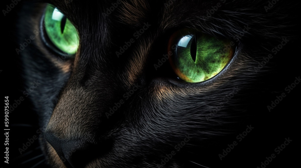 Close-up of a cat's green eye on a black background.generative ai