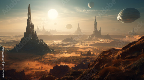 Fantasy alien planet. Mountain and sunset. generative ai © S...