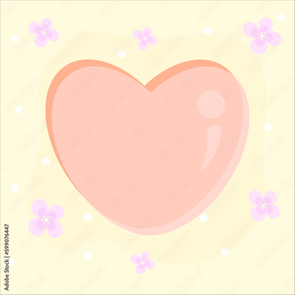 Pink heart and purple flowers, vector illustration on a light yellow background