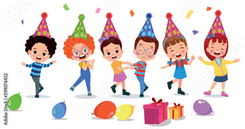 A cartoon of children celebrating a birthday with a birthday hat and a gift.