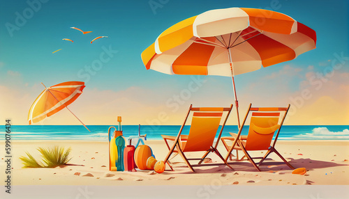 Vibrant Beach Panorama Illustration  White Sand  Chairs  Umbrella   Scenic Travel Tourism Background Generative AI