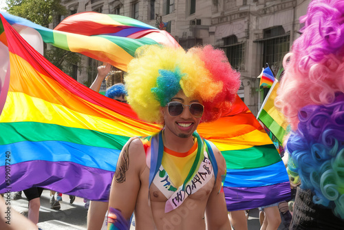 A man with an unconventional orientation in a multicolored wig on
the background of a striped flag participates in pride parade.  I'm proud to be gay. LGBT symbol
in colors of rainbow. Generative AI. photo