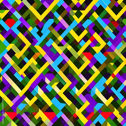 Rhombic Rendezvous: An image of a geometric pattern created with rhombuses, in a mix of contrasting colors and bold designs1, Generative AI
