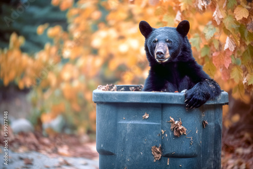 Black bear in a suburban trash can, Generative AI photo
