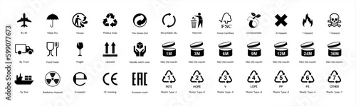 A set of manipulation symbols for packaging cargo products and goods. Marking the box or packaging of products. Vector elements 10 eps.