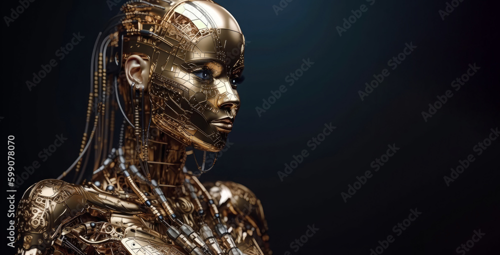 A humanoid cyber girl with a neural network thinks. Golden robot woman or humanoid cyber girl. Artificial intelligence with a digital brain learns to process large amounts of data. Generative AI A humanoid cyber girl with a neural network thinks. Golden robot woman or humanoid cyber girl. Artificial intelligence with a digital brain learns to process large amounts of data. Generative AI