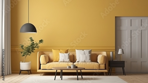 Mock up poster in home interior with minimal furniture  3d render  Bright color. Generative Ai
