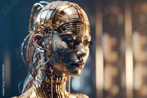 A humanoid cyber girl with a neural network thinks. Golden robot woman or humanoid cyber girl. Artificial intelligence with a digital brain learns to process large amounts of data. Generative AI