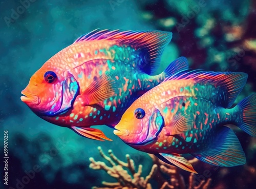 Two colorful fishes swimming in the water