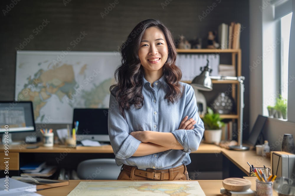 Casual portrait of a designer in her office standing by her desk, daylight coming through the window, corporate photography, Asian woman. made with ai - obrazy, fototapety, plakaty 