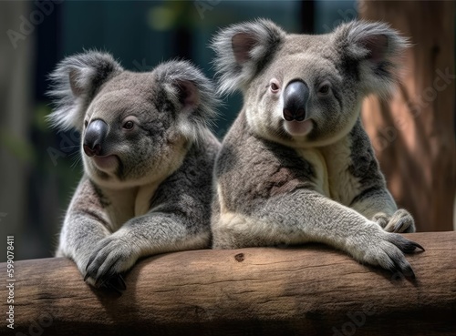 Koalas are sitting on a branch at the zoo