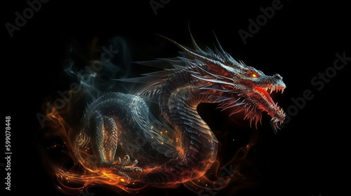 dragon with fire and smoke isolated on black background.generative ai