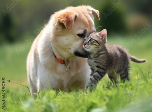 Dog enjoying a kitten playing in the meadow