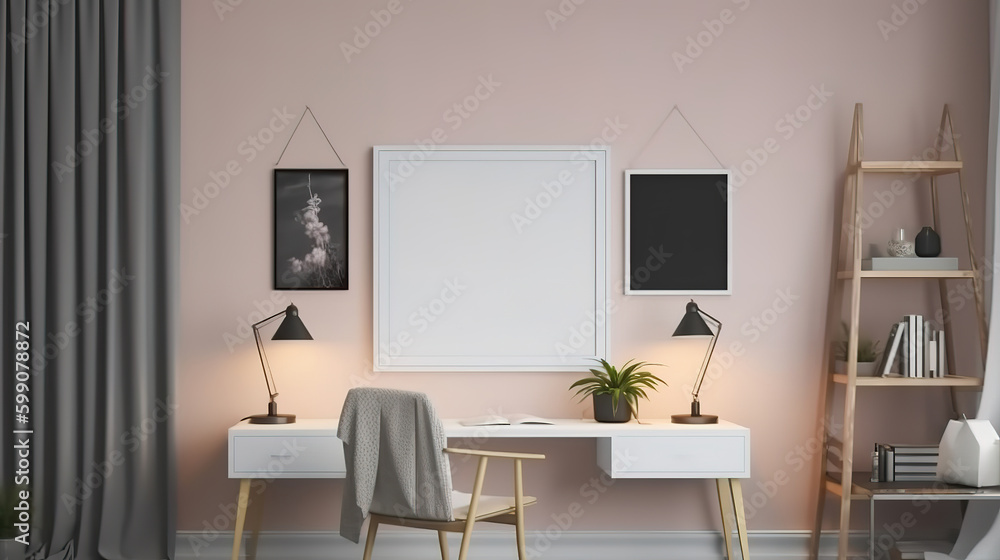 Home workplace interior with frame mockup at winter evening time. Generative Ai