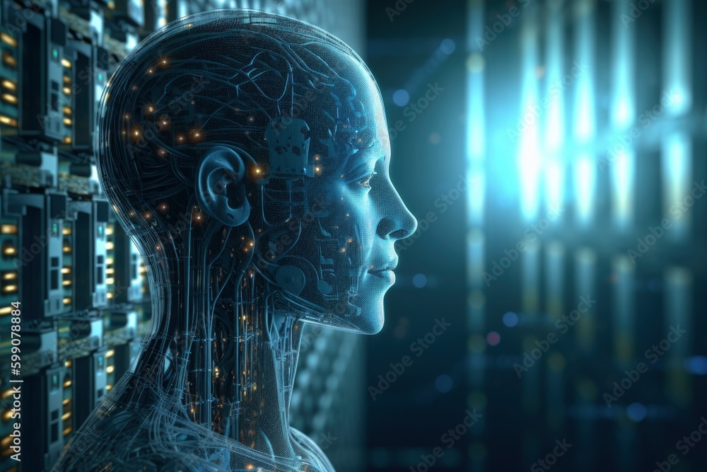 humanoid artificial AI person with code cyber  background, technology synapsis dots digital wallpaper server room, neon futuristic synergies  lights, no emotion face, generative ai 