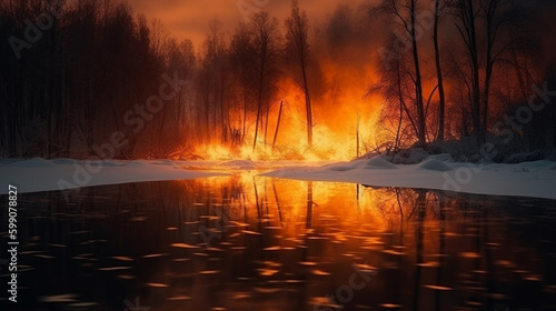  Fiery orange fire in the winter forest on the shore of the river.generative ai