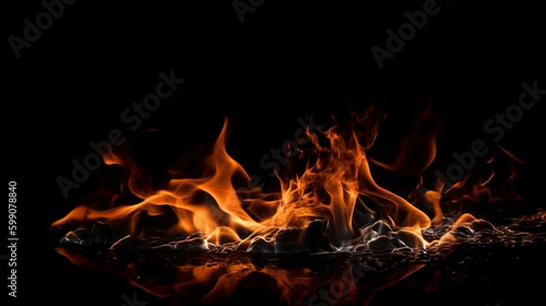 Fire flames on black background. Abstract blaze fire flame texture background.generative ai © S...