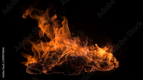 Fire flames on black background. Abstract blaze fire flame texture background.generative ai © S...