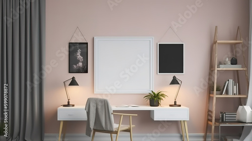 Home workplace interior with frame mockup at winter evening time. Generative Ai © hassanmim2021