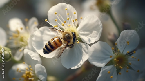 Bee on a white flower, close-up, selective ,generative ai