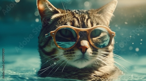 Funny cat in blue glasses swims in the water on a sunny day.generative ai