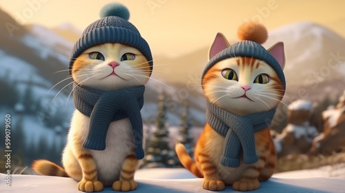 Two cats in winter hats on the background of high mountains.generative ai
