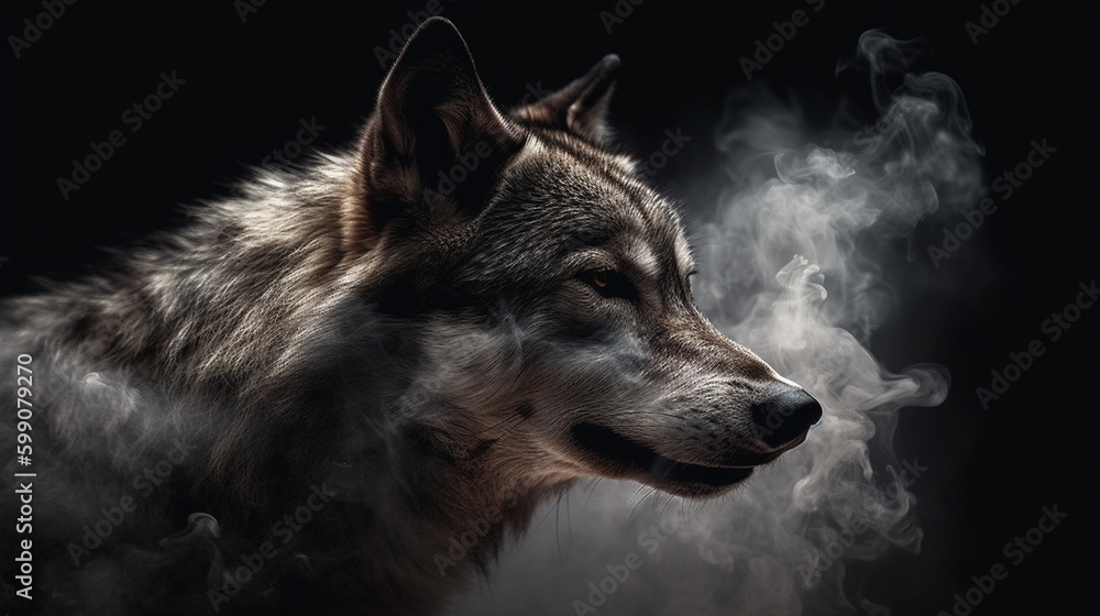 Portrait of a wolf in the smoke on a black background.generative ai