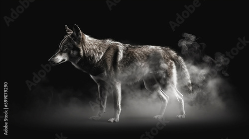 Portrait of a wolf in the smoke on a black background.generative ai