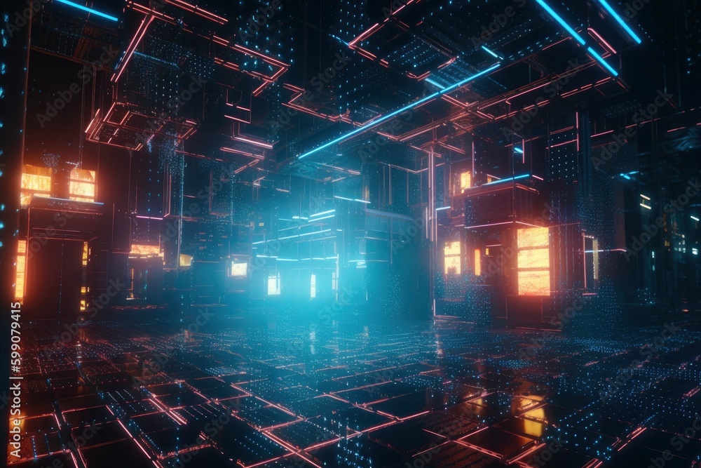 lights of fractal realms, neon red and blue room, abstract futuristic cyber space design, generative ai