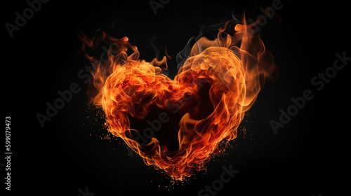 Burning heart on black background  generative ai