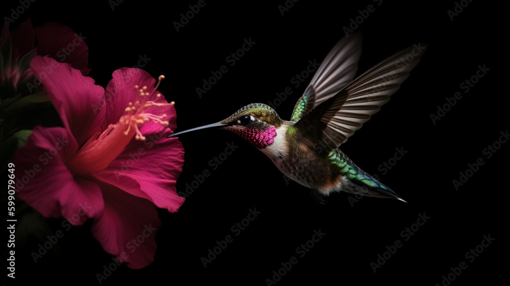 Hummingbird in flight with pink flower isolated on black background.generative ai Hummingbird in flight with pink flower isolated on black background.generative ai