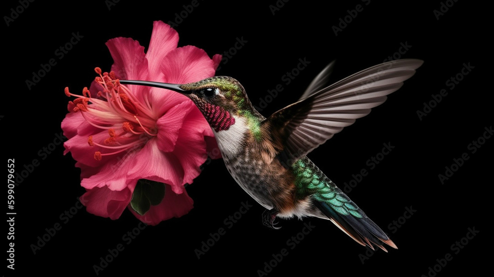 Hummingbird in flight with pink flower isolated on black background.generative ai