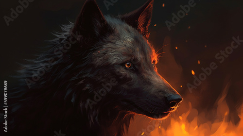 Portrait of a wolf in front of a fire in the forest.generative ai