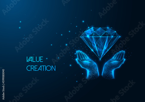 Futuristic Value creation in business idea concept with glowing hands holding diamond on dark blue Generative AI