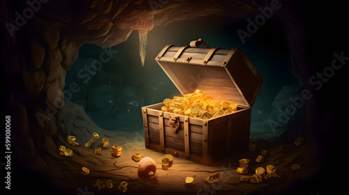 illustration of pirates treasure chest in cave