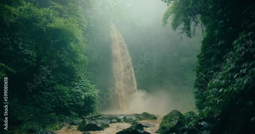 Rain season in rainforest with powerful mountain stream of Nungnung waterfall in dark green lush tropical forest, Bali Indonesia. Generative AI photo