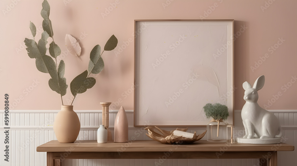 Interior design of easter living room interior with mock up poster frame, glass vase with leaves, wooden sideboard, easter bunny sculpture, glass bowl and personal accessories. Home decor. Template. Interior design of easter living room interior with mock up poster frame, glass vase with leaves, wooden sideboard, easter bunny sculpture, glass bowl and personal accessories. Home decor. Template.