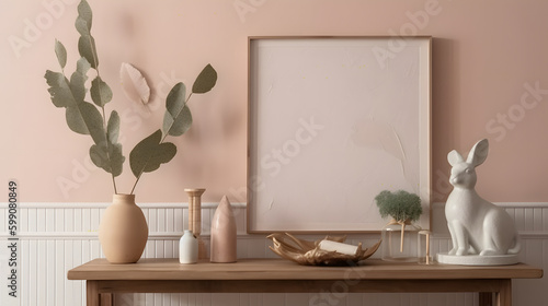 Interior design of easter living room interior with mock up poster frame, glass vase with leaves, wooden sideboard, easter bunny sculpture, glass bowl and personal accessories. Home decor. Template.