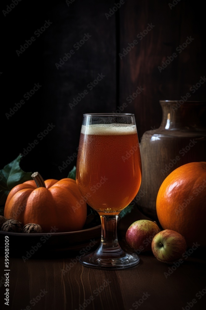 Stunning close-up photograph of freshly made naturally cloudy apple juice in an autumnal arrangement with apples and spices like cinnamon. Created with generative A.I. technology. Stunning close-up photograph of freshly made naturally cloudy apple juice in an autumnal arrangement with apples and spices like cinnamon. Created with generative A.I. technology.