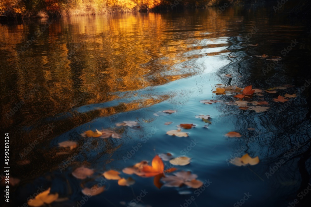 Stunning close-up photograph of a calm body of water with floating fallen leaves, reflecting the beauty of the autumn environment. Created with generative A.I. technology.