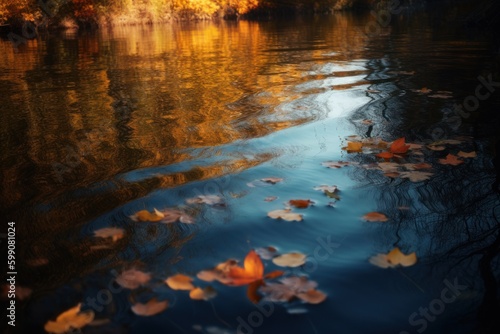 Stunning close-up photograph of a calm body of water with floating fallen leaves, reflecting the beauty of the autumn environment. Created with generative A.I. technology.