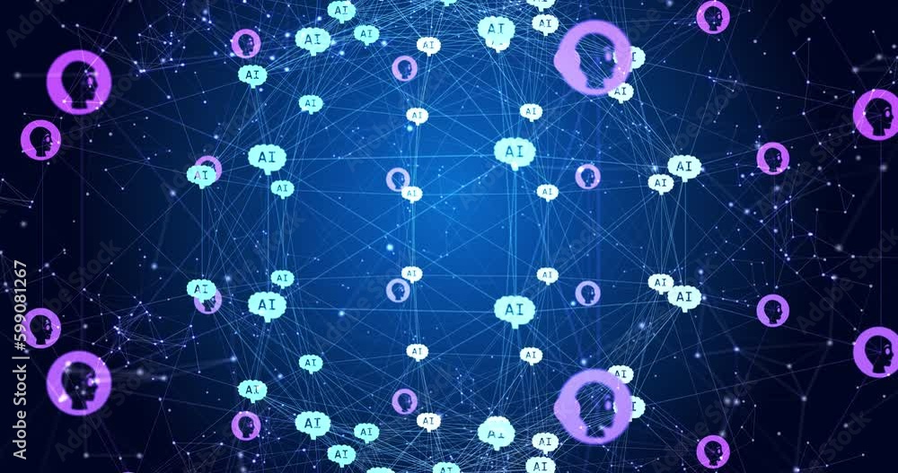Animation of globe of connections with icons on blue and black background Animation of globe of connections with icons on blue and black background