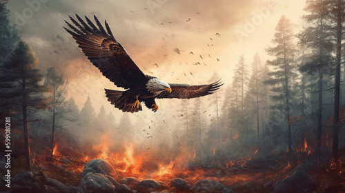 bald eagle flying over the forest at sunset.generative ai © S...