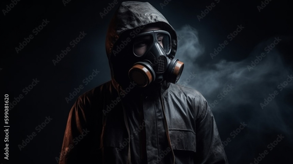 Man in gas mask and hoodie on a dark background with smoke.generative ai